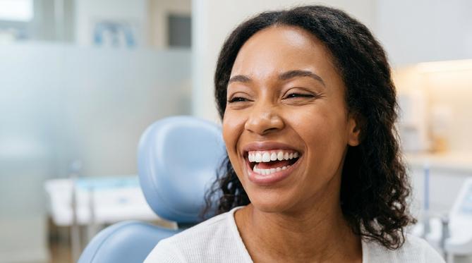 A confident patient smiling, showing off their beautiful results from a Cosmetic and Smile Design treatment at SameDay Dental.