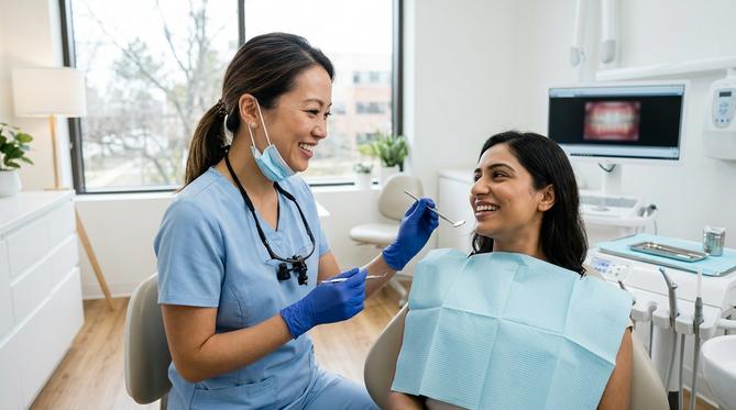 A smiling patient receives a general dentistry checkup from a friendly SameDay Dental hygienist in a bright, modern clinic.