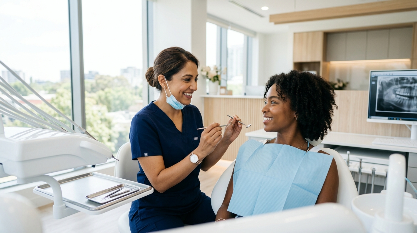 A friendly SameDay Dental professional providing a general dentistry consultation to a relaxed patient in our modern GTA clinic.