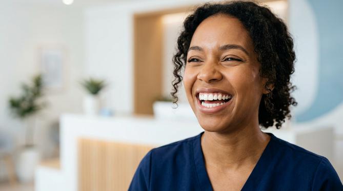 A happy patient with a bright, beautiful smile after receiving Cosmetic and Smile Design treatment at SameDay Dental in the GTA.