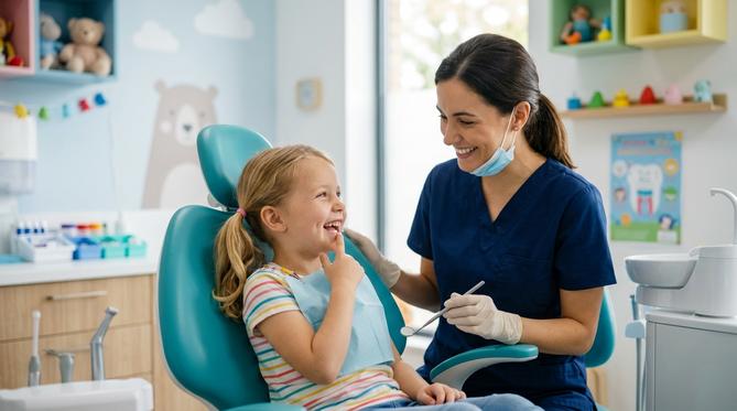 A friendly pediatric dentist showing a young child how to brush a large model of teeth in a bright pediatric dentistry clinic room.