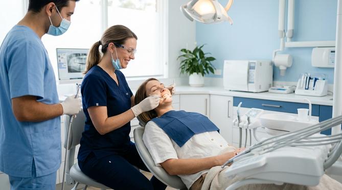 A calm patient discussing sedation and sleep apnea treatment options with a caring dentist at SameDay Dental.