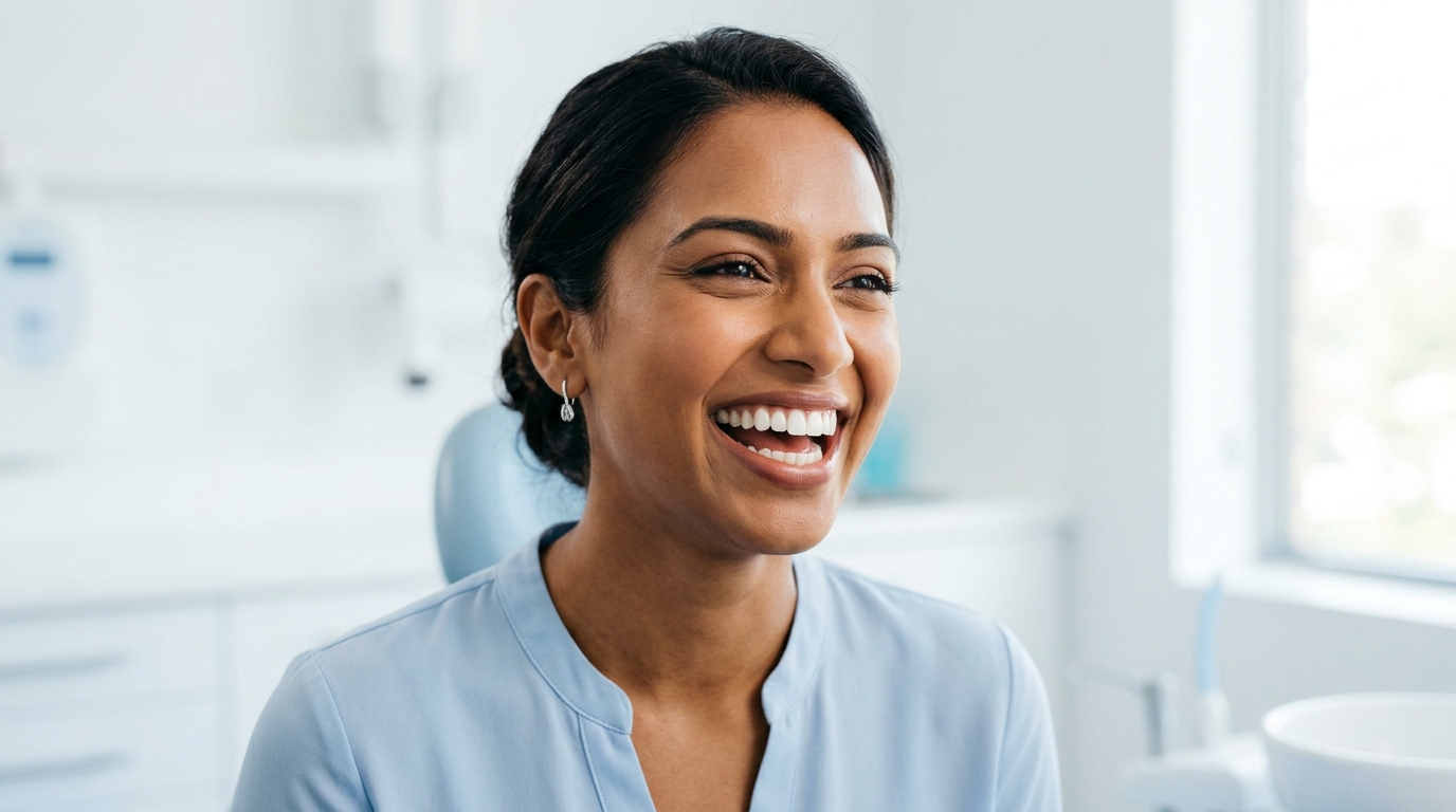 A smiling patient showing off their beautiful results after a Cosmetic and Smile Design procedure at SameDay Dental in the GTA.