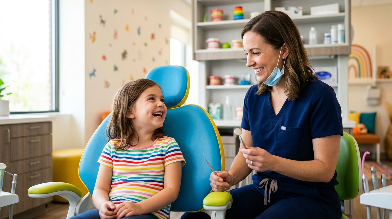 A smiling child and a friendly dentist during a pediatric dentistry appointment at SameDay Dental clinic in the GTA.
