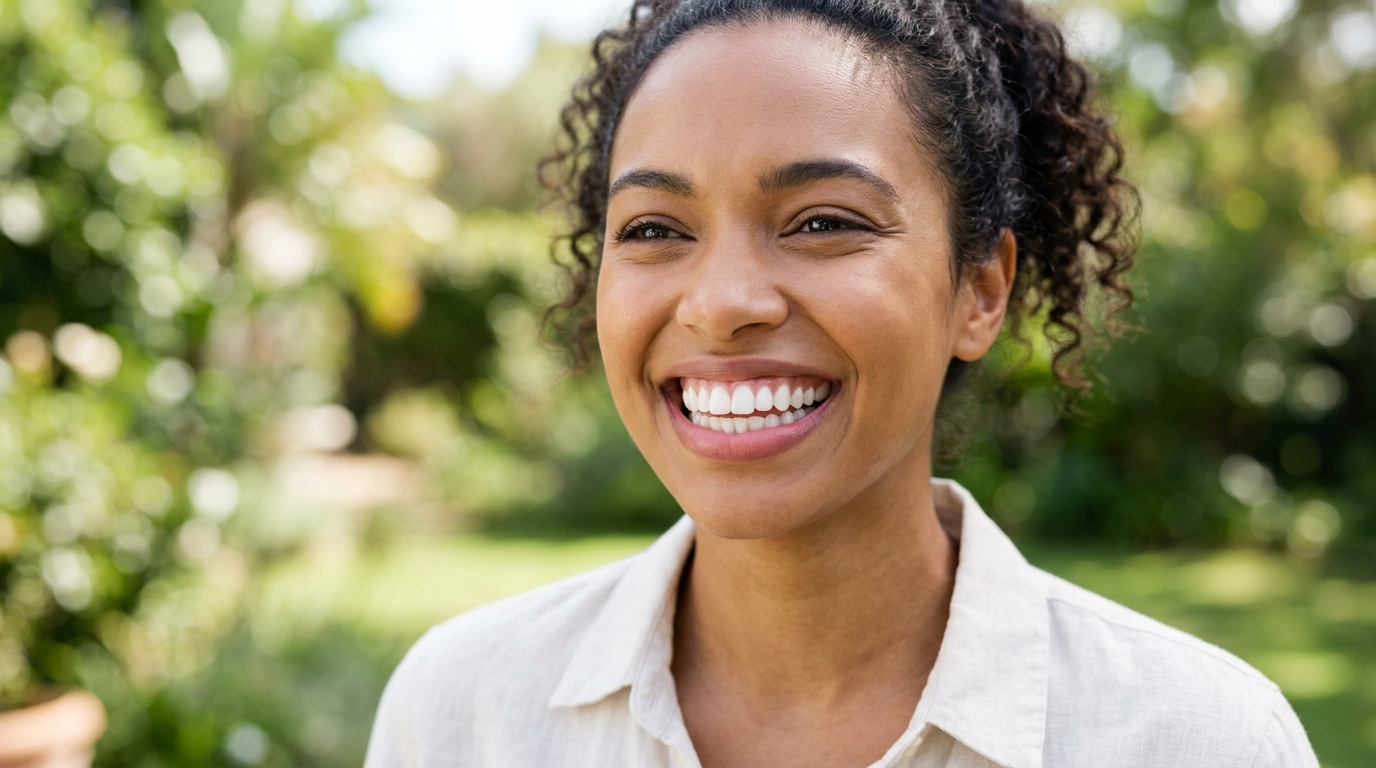 A smiling patient with healthy pink gums, illustrating the importance of gum health and periodontics care from SameDay Dental.