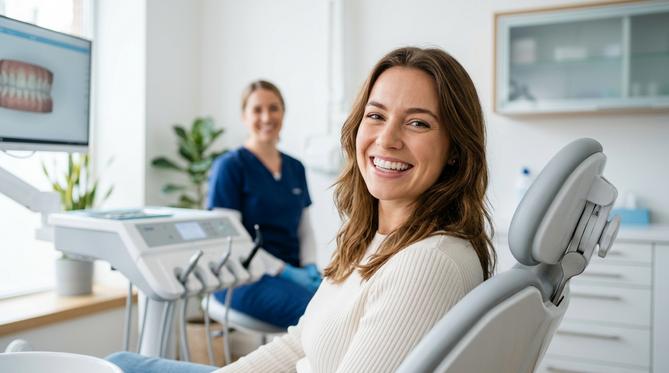 A smiling woman showcases her perfectly straight teeth, an example of successful orthodontics treatment at SameDay Dental.