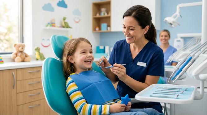 A friendly pediatric dentist showing a young child how to brush a large model of teeth in a bright pediatric dentistry clinic.
