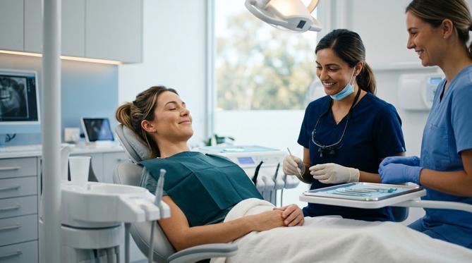 A calm patient relaxing in a dental chair during a consultation for sedation and sleep apnea treatment at SameDay Dental.