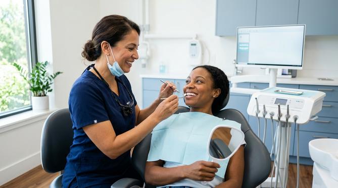 A smiling family receiving a consultation for general dentistry services at the modern and welcoming SameDay Dental clinic.