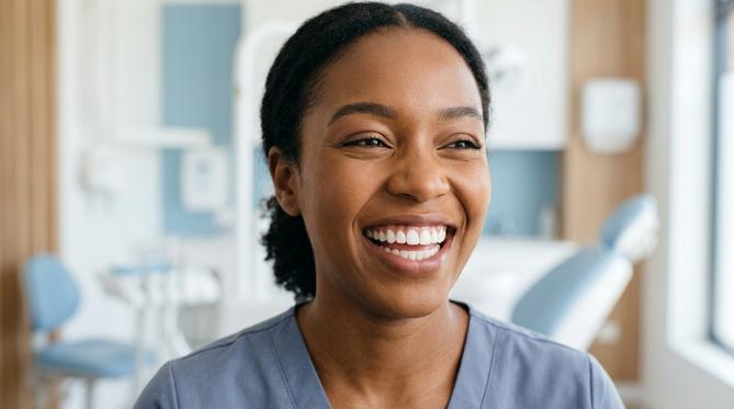 A woman with a beautiful, bright smile after a Cosmetic and Smile Design procedure at SameDay Dental.