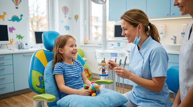 A child smiling in the dental chair during a pediatric dentistry checkup at SameDay Dental, with a friendly dentist beside them.
