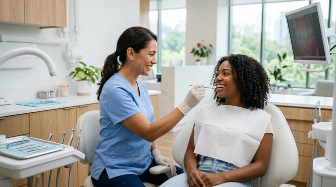 A smiling patient receiving General Dentistry care from a friendly SameDay Dental professional in the GTA.