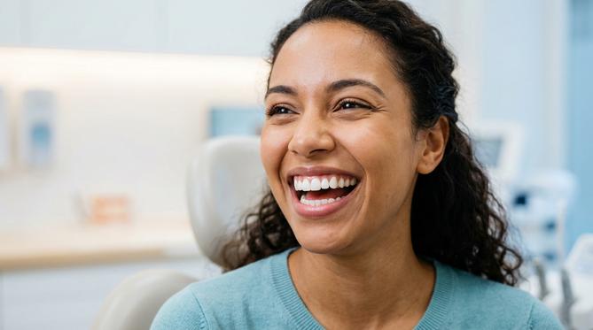A happy patient showing off their beautiful smile after receiving a personalized Cosmetic and Smile Design treatment at SameDay Dental in the GTA.
