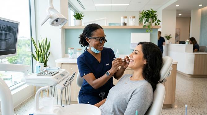A smiling patient receiving a checkup from a dentist, demonstrating the positive experience of general dentistry at SameDay Dental.