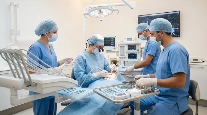 A reassuring SameDay Dental professional discusses Oral Surgery and Implants with a smiling patient in a bright, modern clinic.