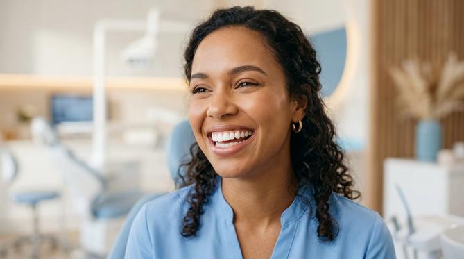 A smiling patient with bright, perfect teeth showcasing the results of Cosmetic and Smile Design at SameDay Dental.
