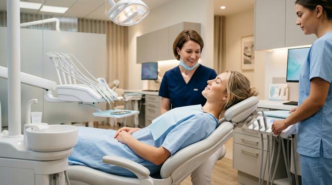 A smiling patient feeling comfortable in a dental chair, a testament to effective sedation and sleep apnea care at SameDay Dental.