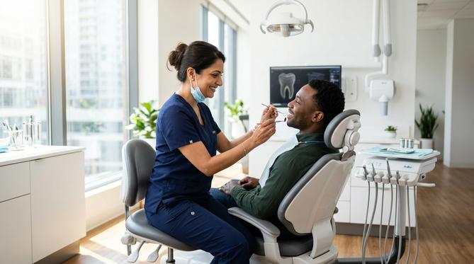 A friendly dentist explaining the benefits of general dentistry to a smiling patient in a bright, modern SameDay Dental clinic.