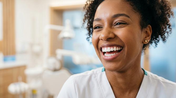 A smiling patient with bright, perfect teeth after receiving a Cosmetic and Smile Design treatment at SameDay Dental in the GTA.