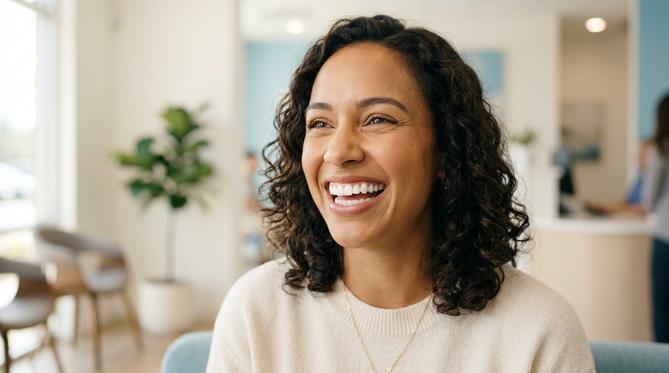 A smiling woman with perfect white teeth after her complete Cosmetic and Smile Design treatment at SameDay Dental clinic.