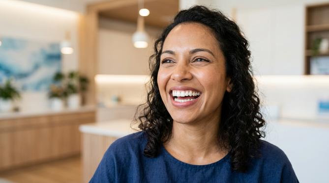 A happy patient showing off their beautiful new smile after a Cosmetic and Smile Design procedure at SameDay Dental in the GTA.