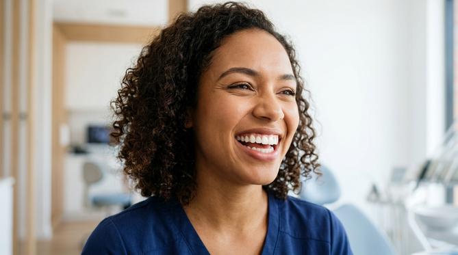 A patient smiling brightly, showcasing the beautiful results of a Cosmetic and Smile Design makeover from SameDay Dental.