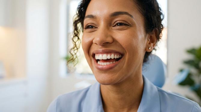 A woman with a beautiful, bright smile after a successful cosmetic and smile design procedure at SameDay Dental.