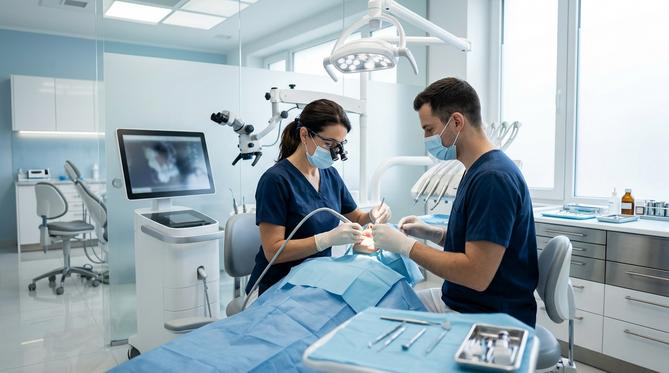 A smiling patient discussing oral surgery and implants options with a friendly SameDay Dental dentist.