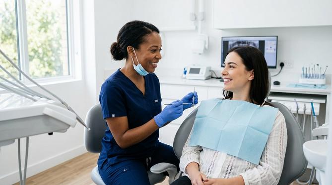 A SameDay Dental patient smiling during a general dentistry consultation with her dentist in a modern, welcoming clinic.
