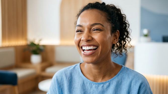 A happy patient smiling confidently, showcasing the beautiful results of a Cosmetic and Smile Design makeover at SameDay Dental.